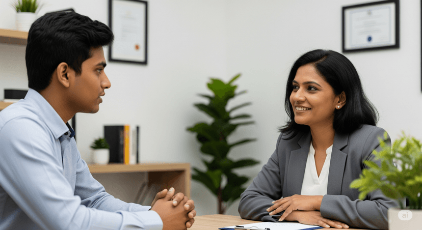 Career counselling illustration showing student and counselor