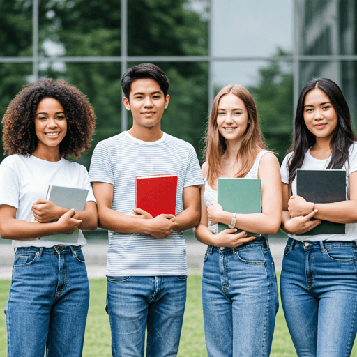 Diverse group of happy students holding books on a university campus